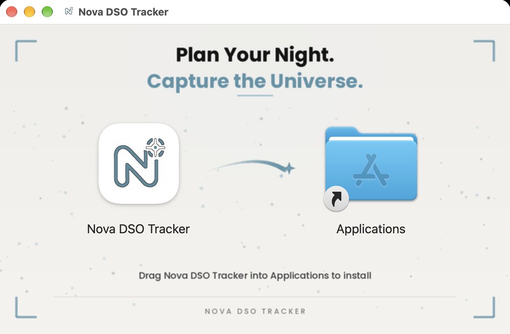 The Nova .dmg window: drag Nova DSO Tracker into Applications to install